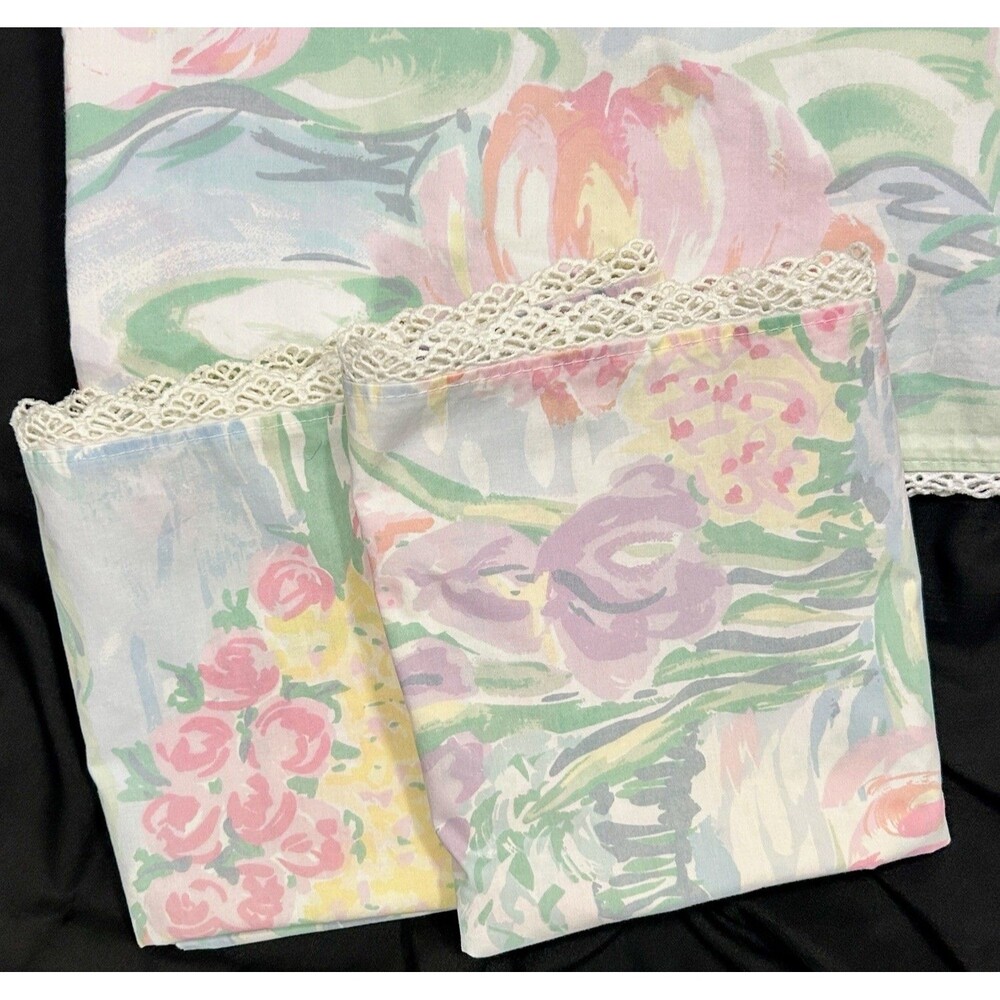 Vintage Atelier Martex Twin Flat Sheet 2 Pillowcases Monet Water Lilies Percale